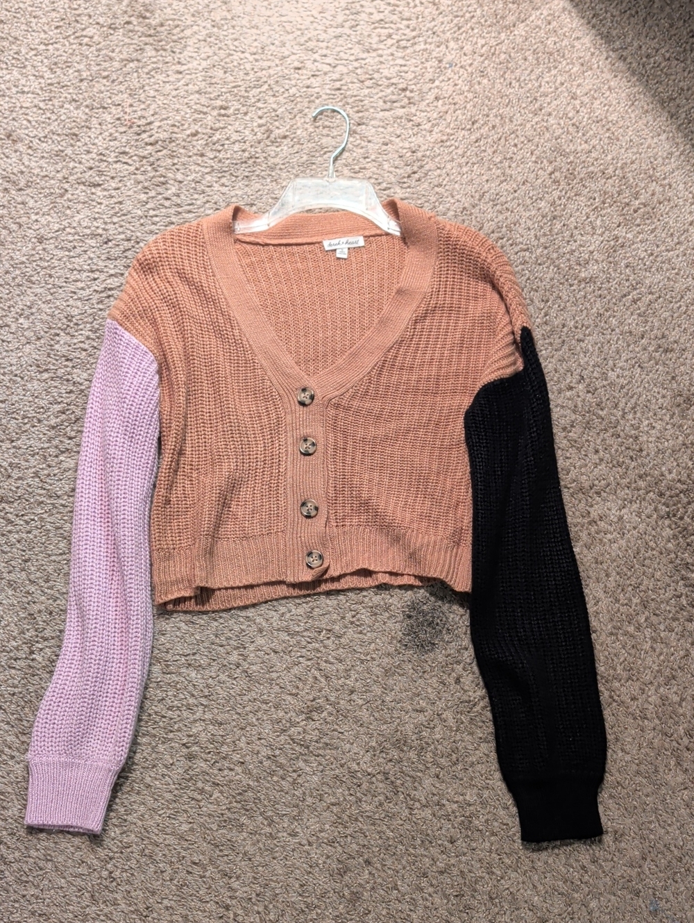Colorblock Cropped V-Neck Cardigan -Tan, Pink & Black